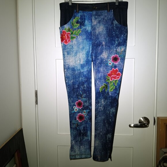 Petit Pois by Viviana G, Stretch Knit Floral Embroidered Denim look Jegging - Picture 2 of 8